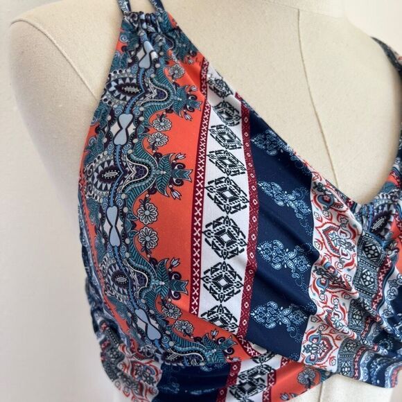 Multi-print Twist Bikini Top Size Medium Blue White and Coral Strappy Design No - Picture 9 of 11
